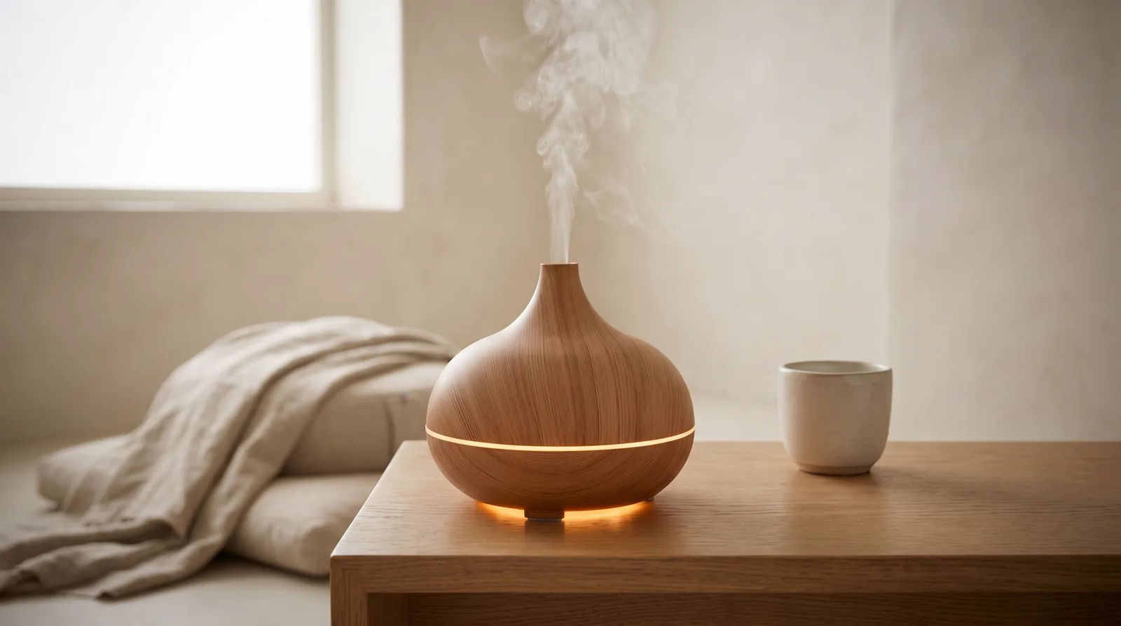 The diffuser alive on a side table — a slow column of cool mist, a warm glow at its base